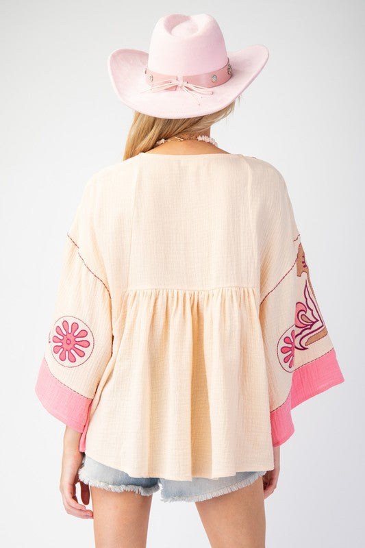 V-Neck Patchwork Bell Sleeve T-Shirt