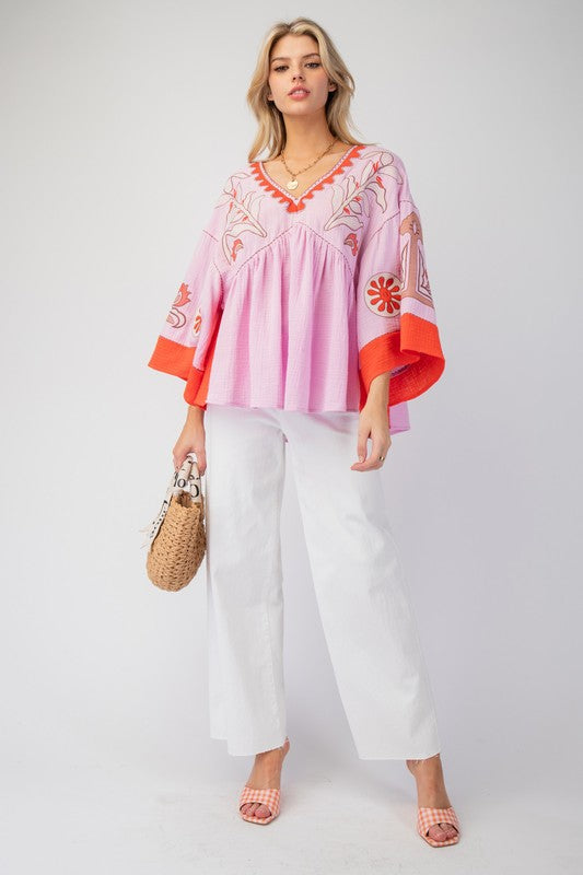 V-Neck Patchwork Bell Sleeve T-Shirt