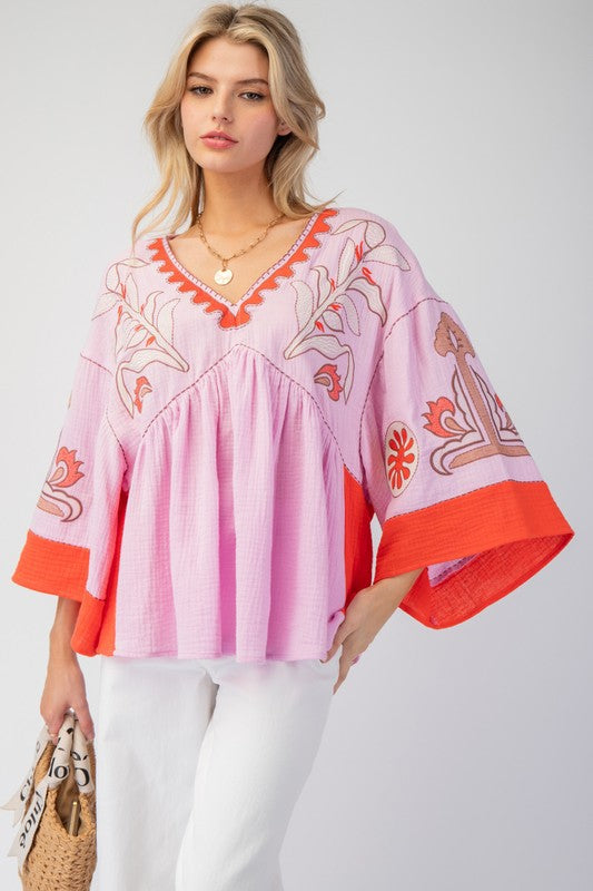 V-Neck Patchwork Bell Sleeve T-Shirt