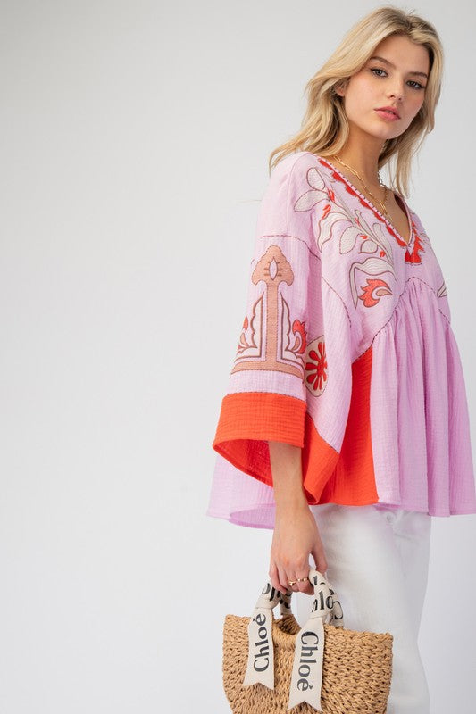 V-Neck Patchwork Bell Sleeve T-Shirt
