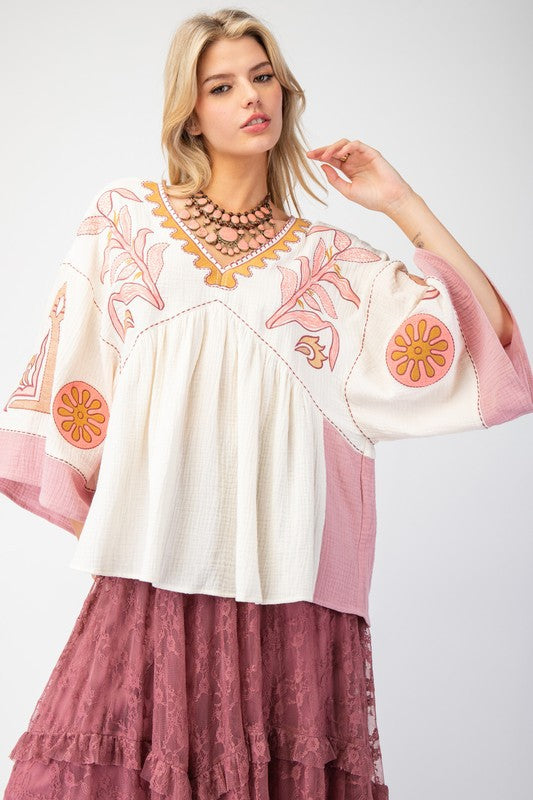 V-Neck Patchwork Bell Sleeve T-Shirt