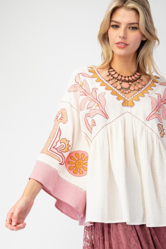 V-Neck Patchwork Bell Sleeve T-Shirt