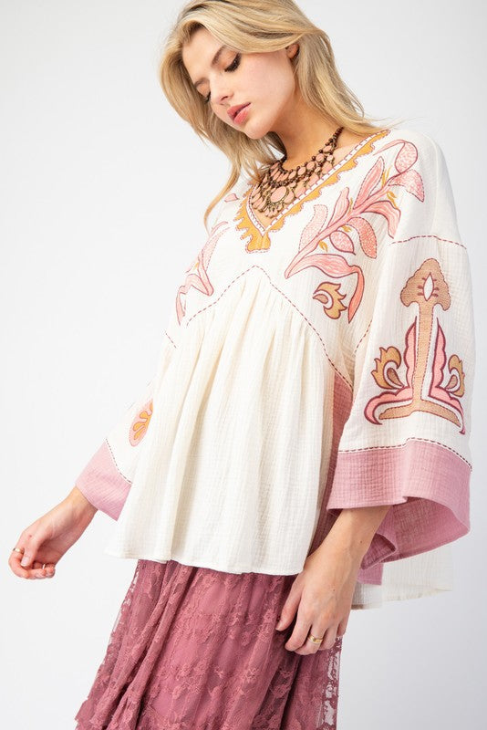 V-Neck Patchwork Bell Sleeve T-Shirt
