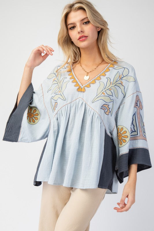 V-Neck Patchwork Bell Sleeve T-Shirt