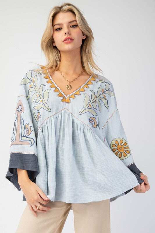 V-Neck Patchwork Bell Sleeve T-Shirt