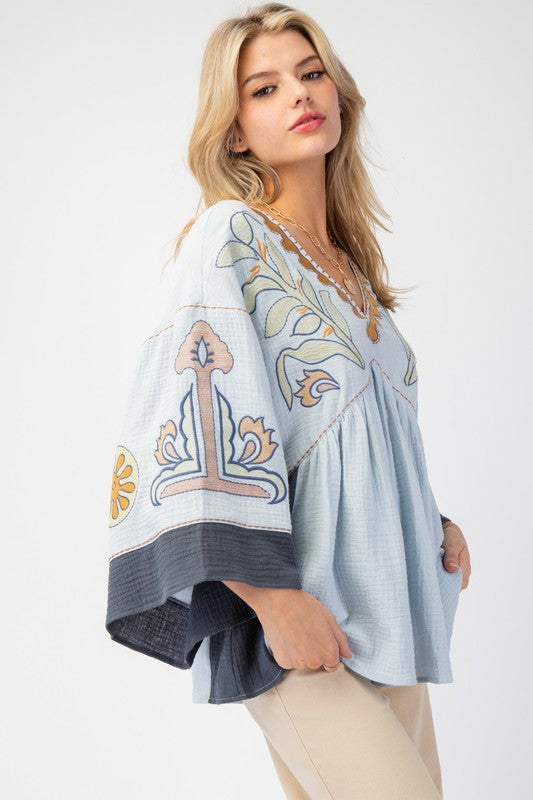 V-Neck Patchwork Bell Sleeve T-Shirt
