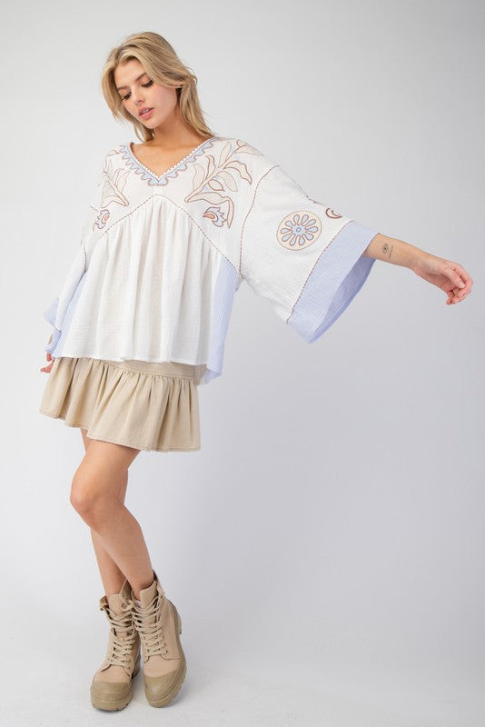 V-Neck Patchwork Bell Sleeve T-Shirt