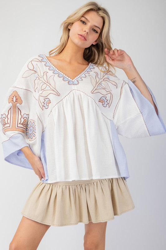 V-Neck Patchwork Bell Sleeve T-Shirt