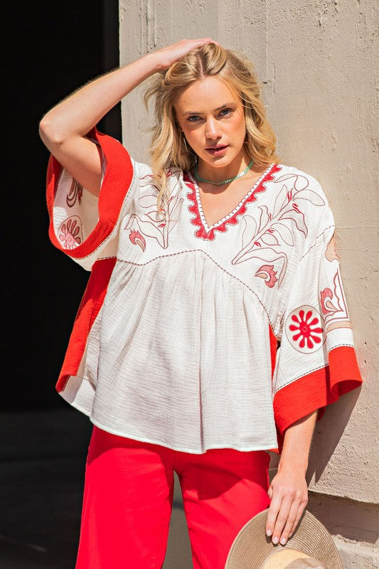 V-Neck Patchwork Bell Sleeve T-Shirt