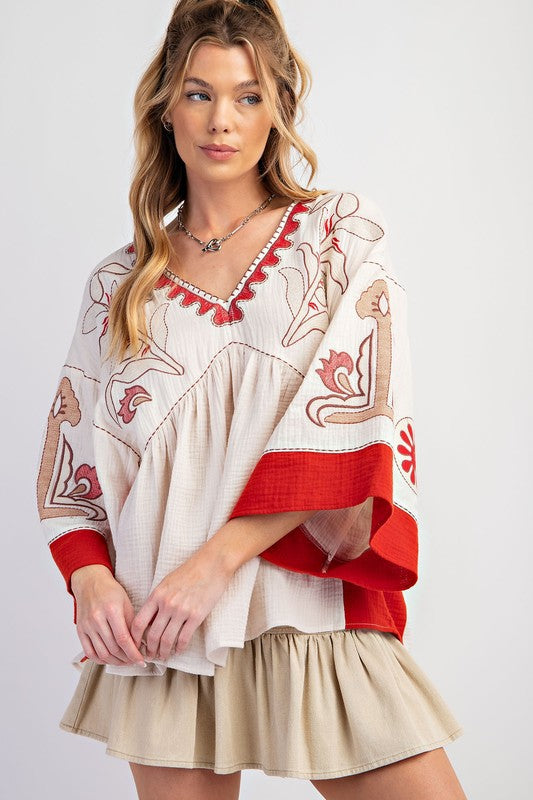 V-Neck Patchwork Bell Sleeve T-Shirt