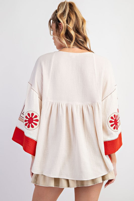 V-Neck Patchwork Bell Sleeve T-Shirt