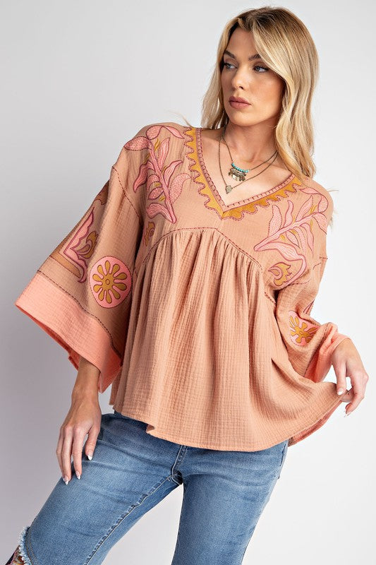 V-Neck Patchwork Bell Sleeve T-Shirt