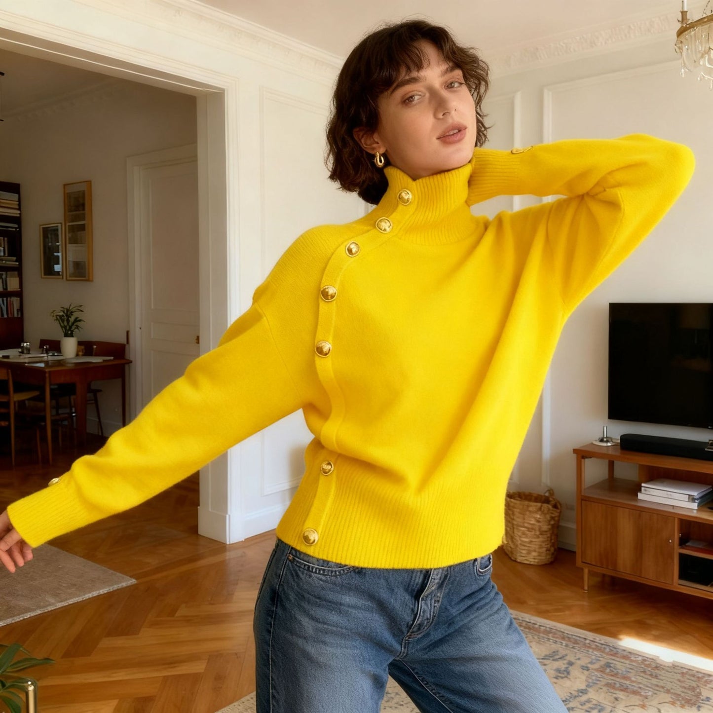 **Decorative Button Turtleneck Sweater**