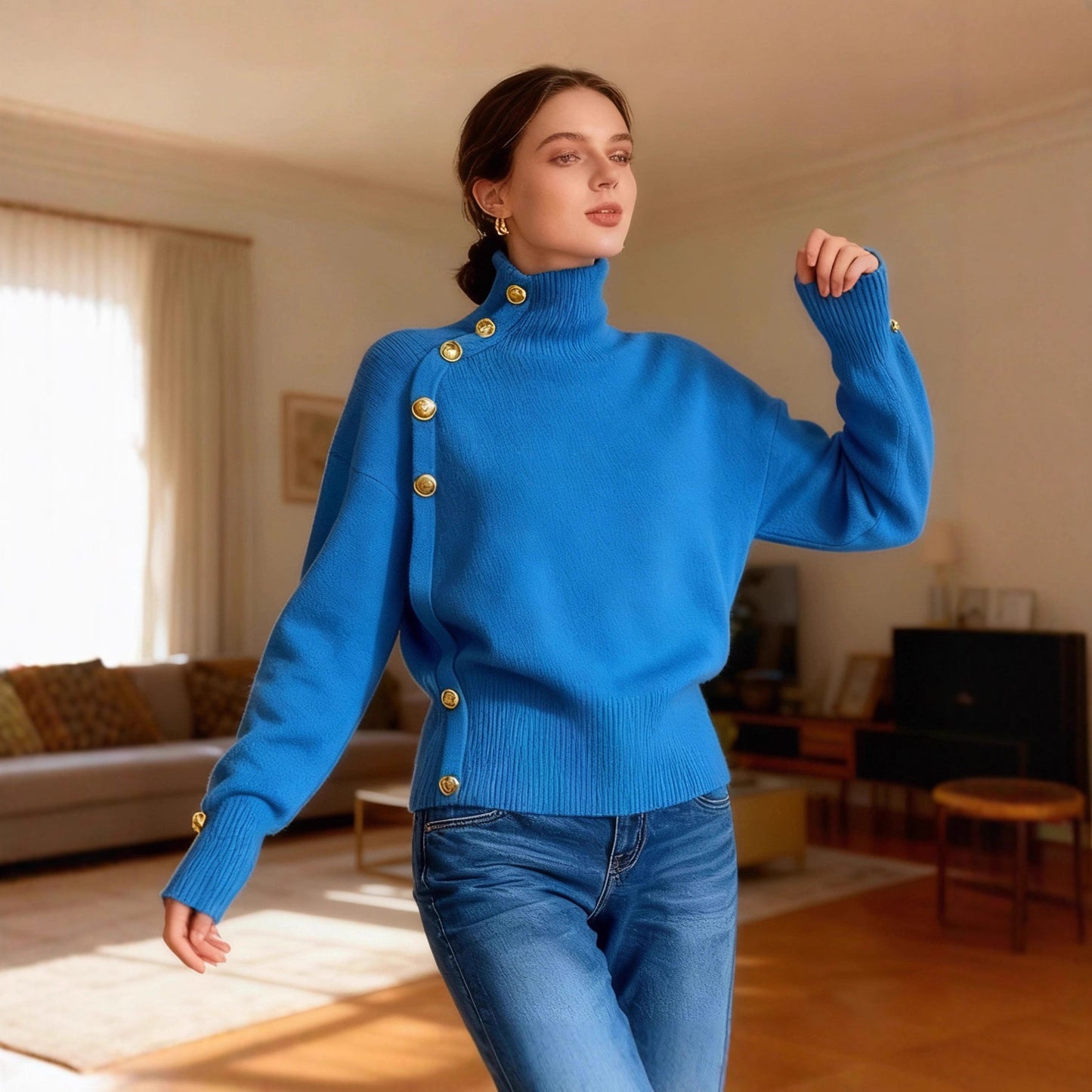 **Decorative Button Turtleneck Sweater**