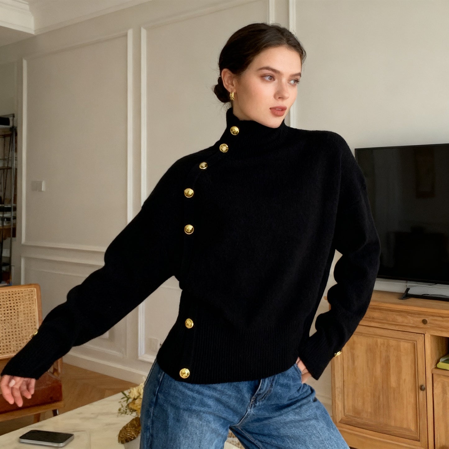 **Decorative Button Turtleneck Sweater**