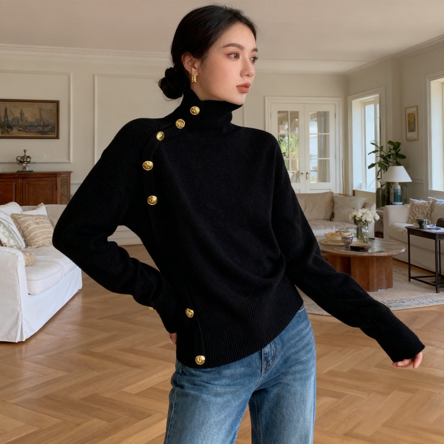 **Decorative Button Turtleneck Sweater**