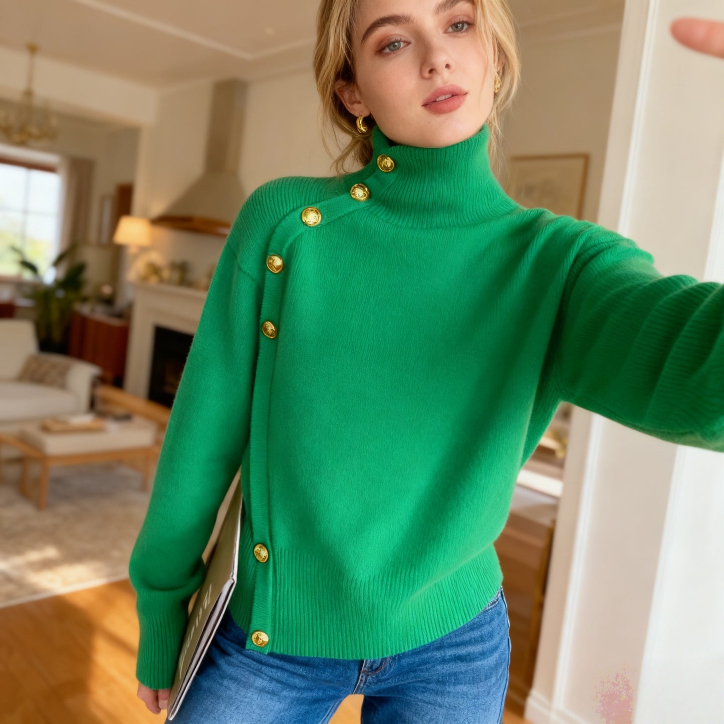 **Decorative Button Turtleneck Sweater**