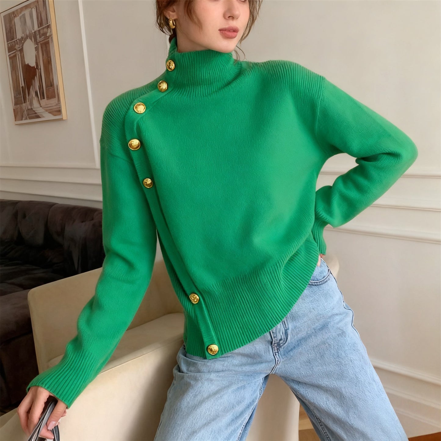 **Decorative Button Turtleneck Sweater**