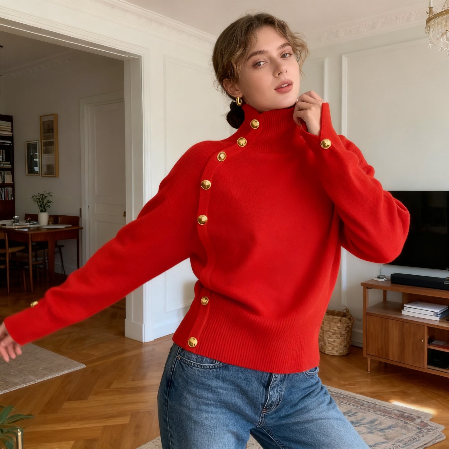 **Decorative Button Turtleneck Sweater**