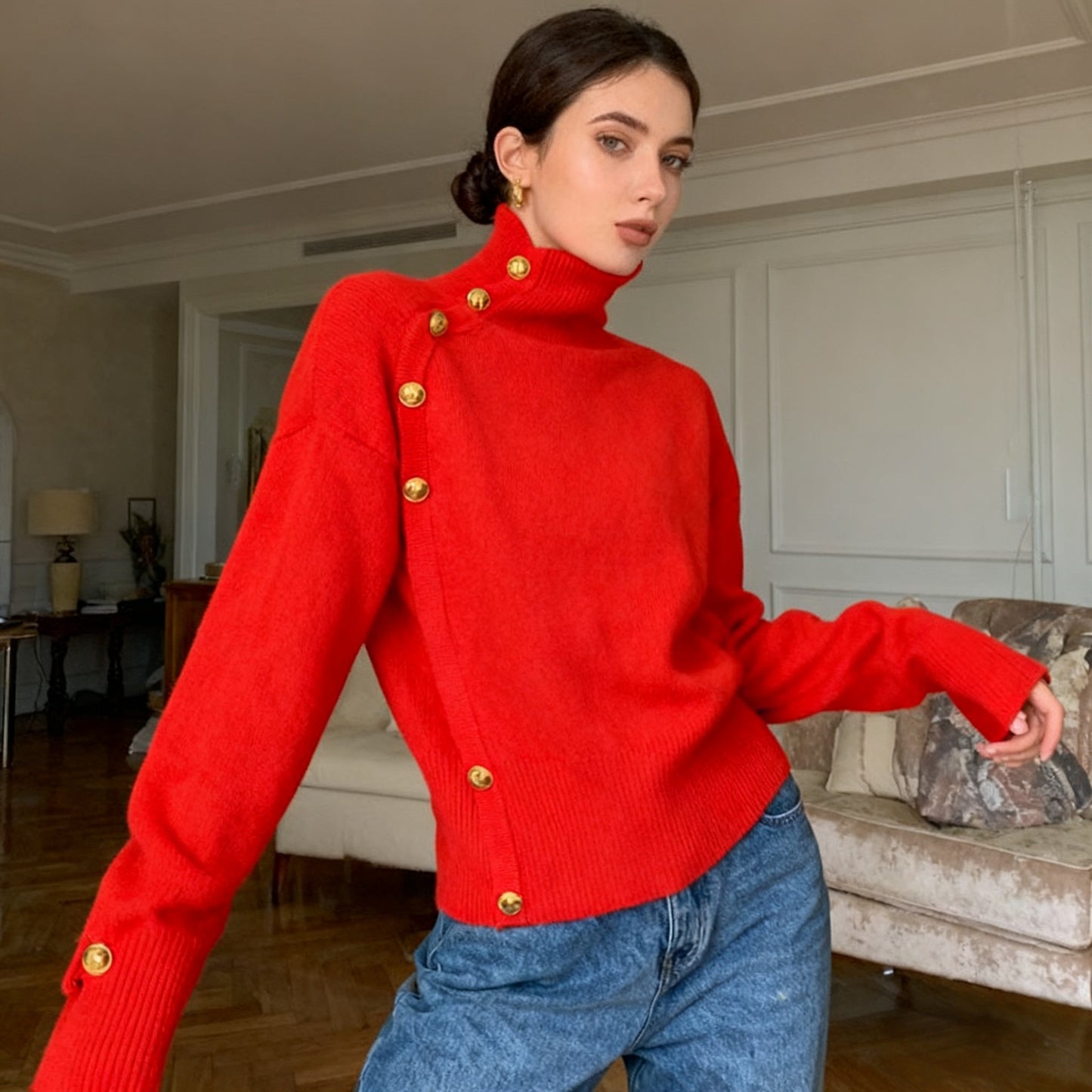 **Decorative Button Turtleneck Sweater**