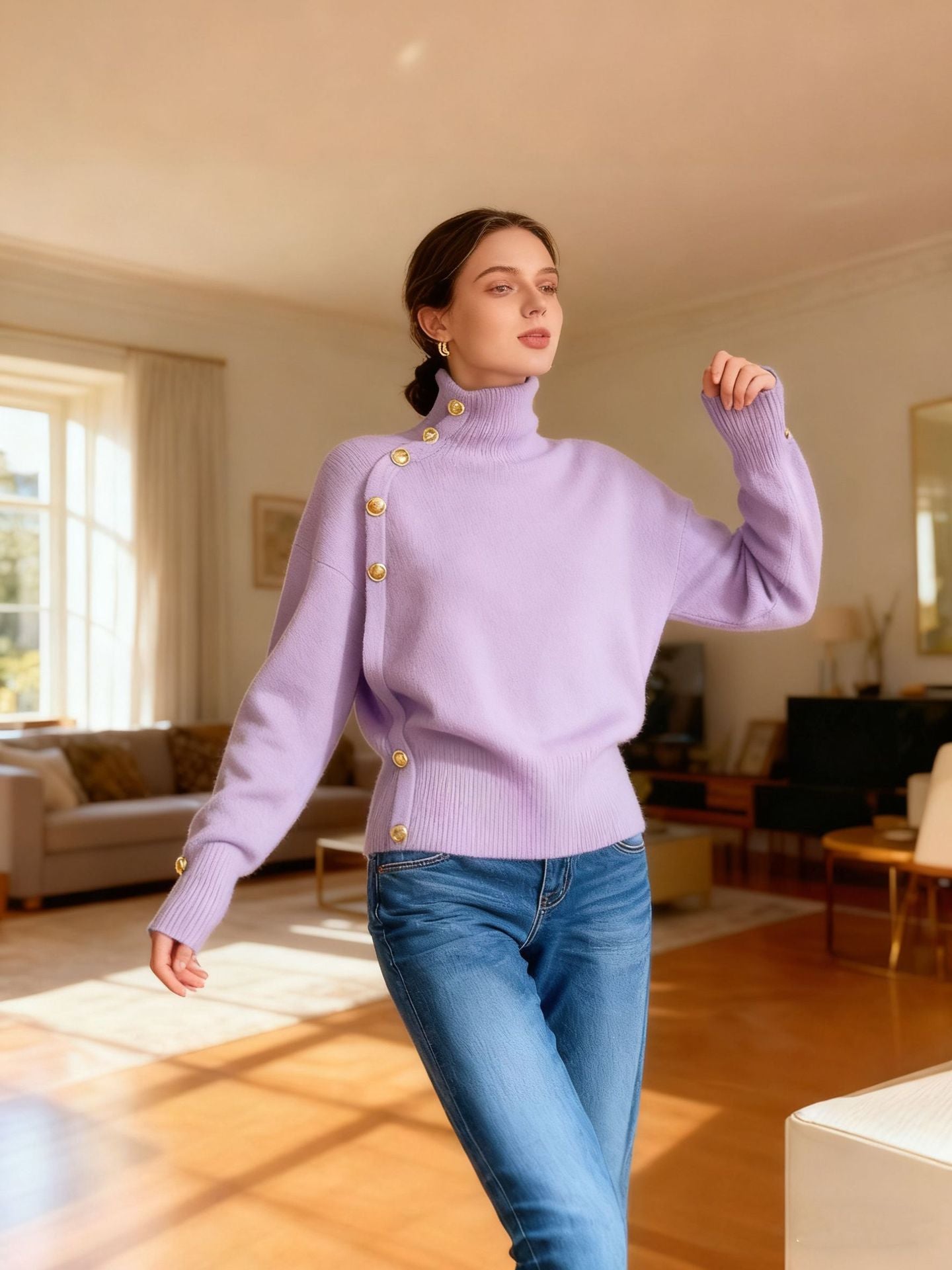 **Decorative Button Turtleneck Sweater**