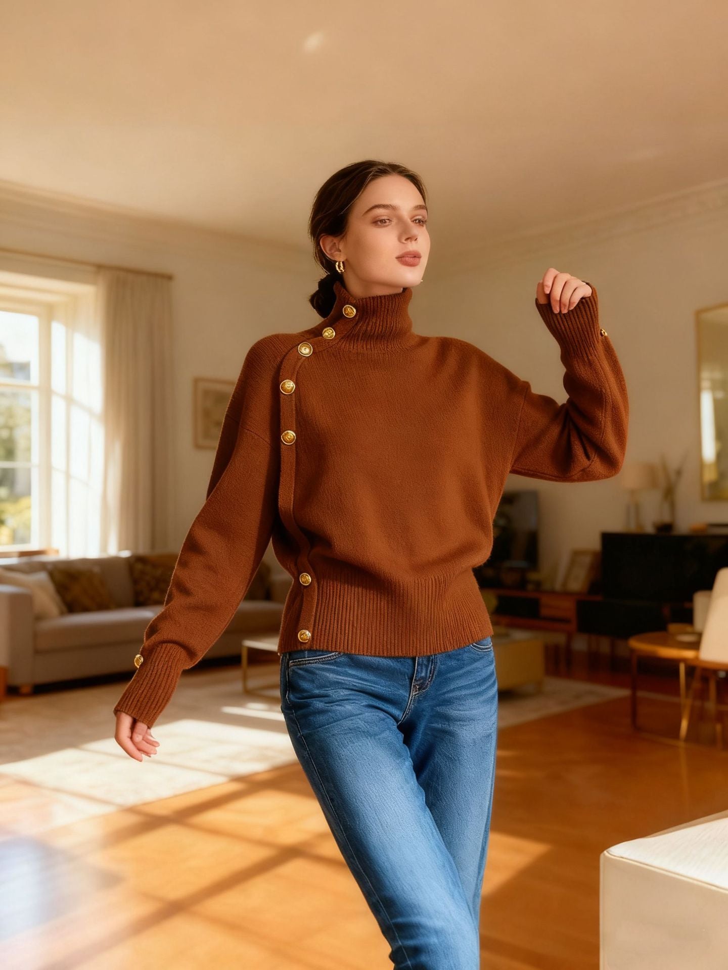 **Decorative Button Turtleneck Sweater**