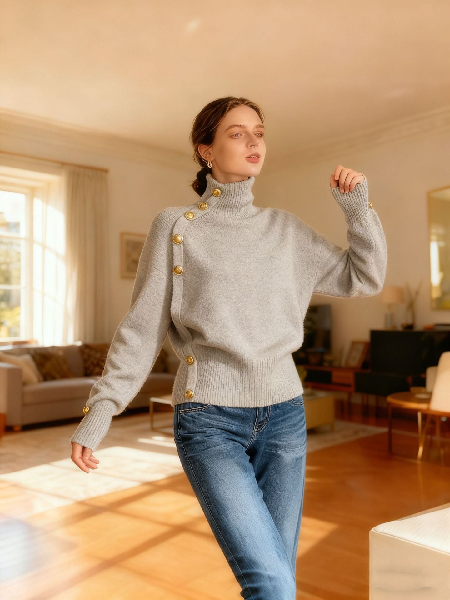 **Decorative Button Turtleneck Sweater**