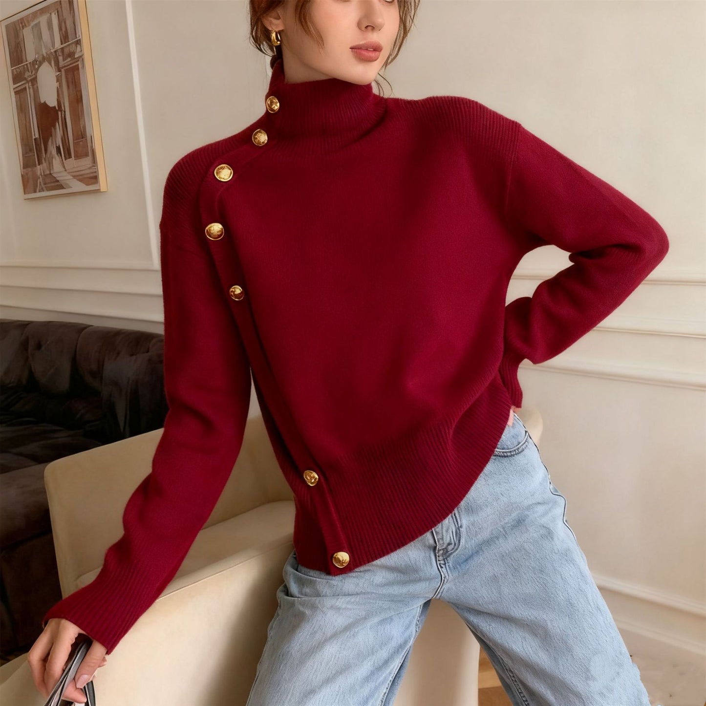 **Decorative Button Turtleneck Sweater**