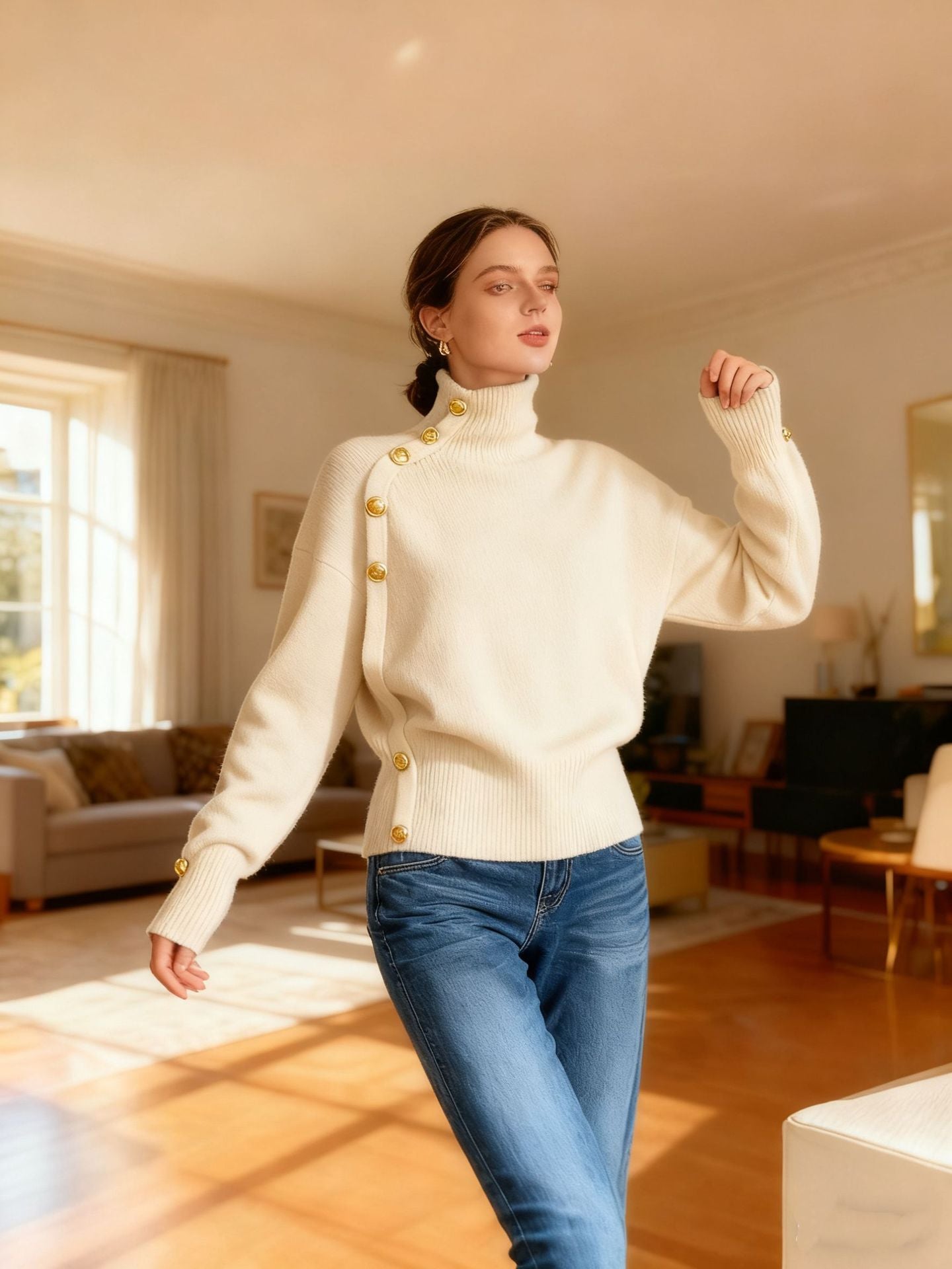**Decorative Button Turtleneck Sweater**