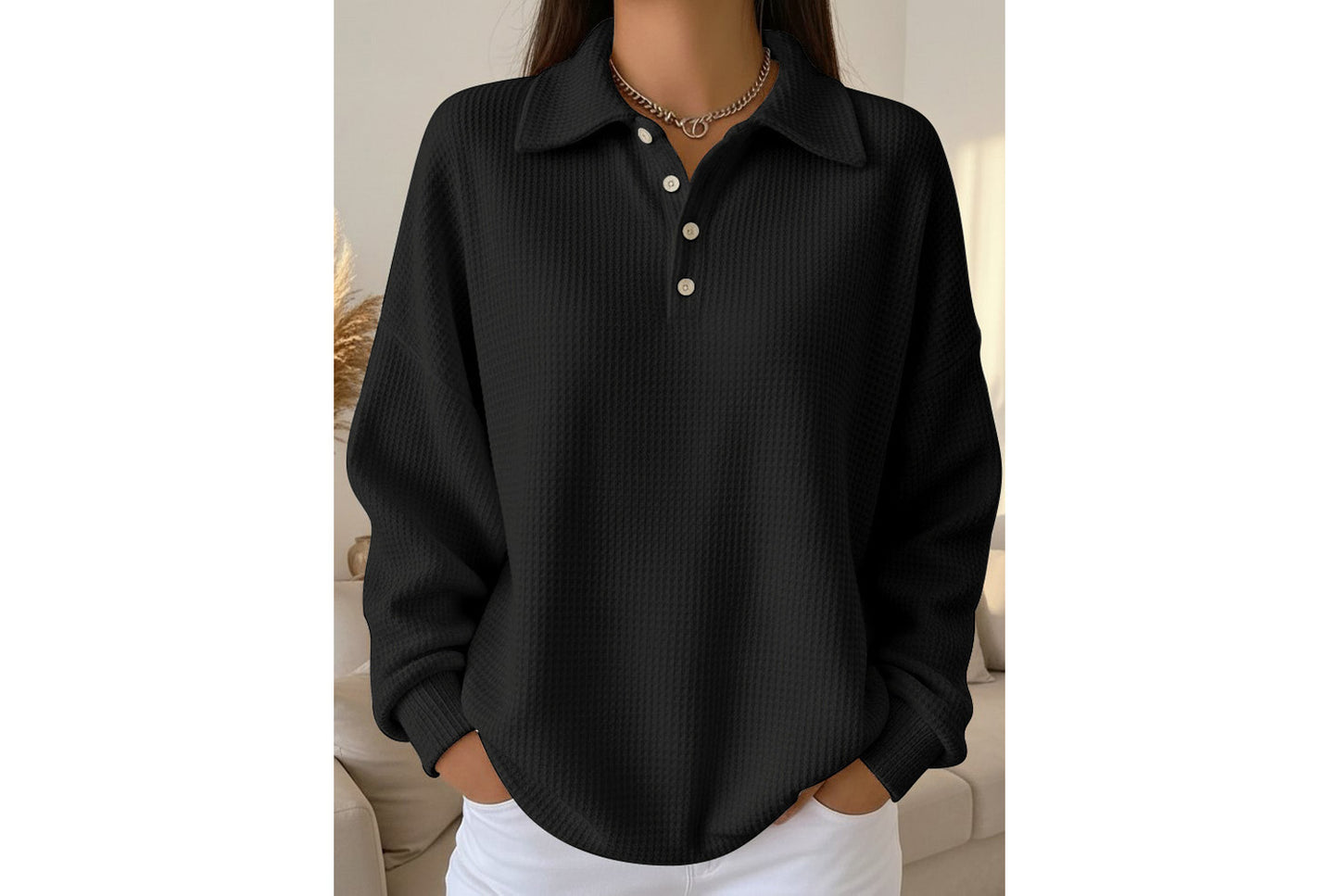 Loose-fitting Solid Color Collared Polo Shirt