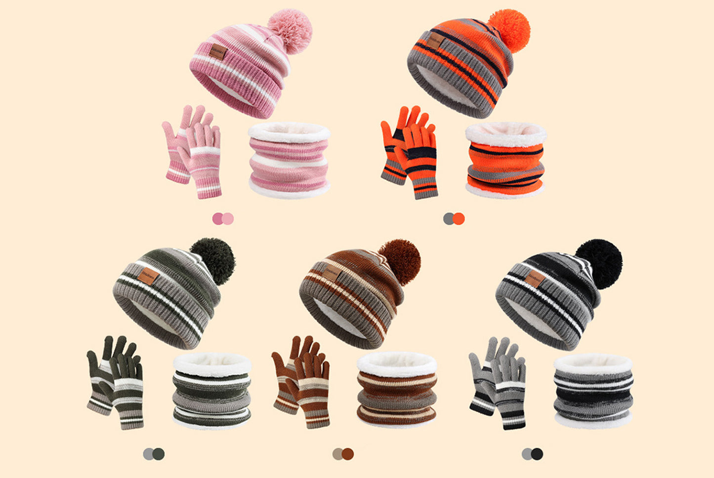 **Children's Warm Three-Piece Set: Fleece-Lined Knitted Hat, Scarf, and Gloves**