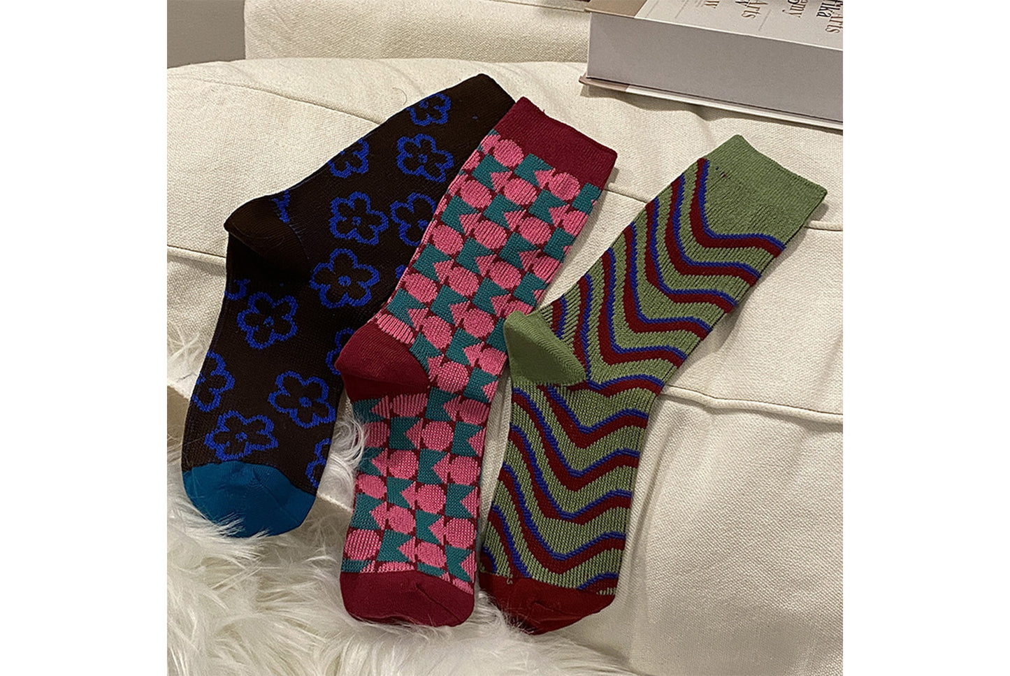 Houndstooth Floral Mid-Calf Socks (3-Pair)