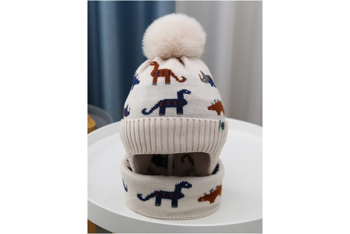 Children's Dinosaur Warm Scarf and Hat Set (Fleece-lined Knit)