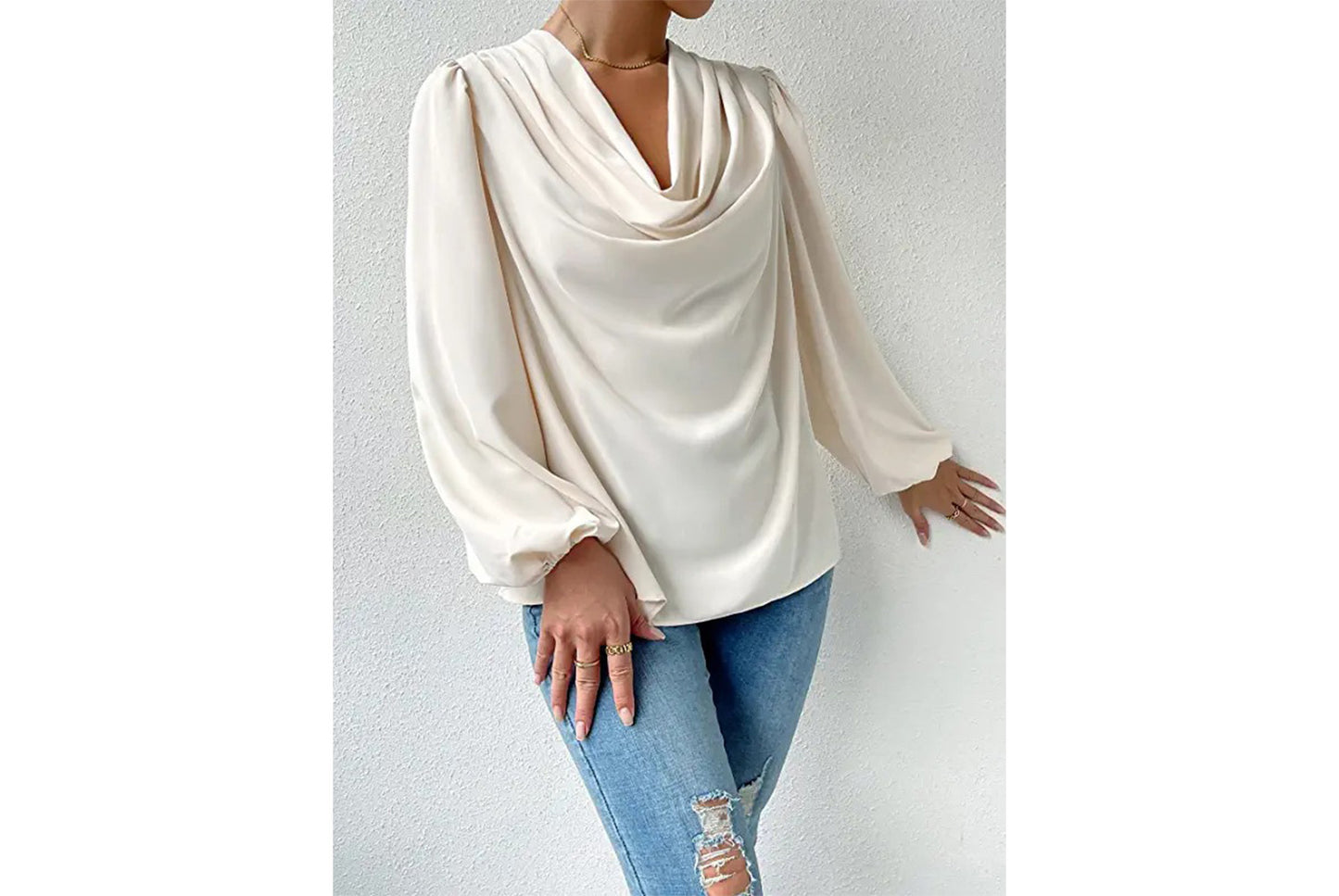 **Women's Chiffon Long-Sleeve Blouse | V-Neck Draped Loose Top**