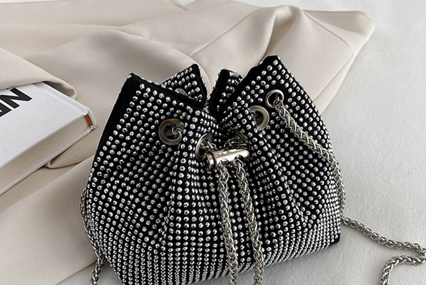 Rhinestone-Studded Drawstring Evening Bag