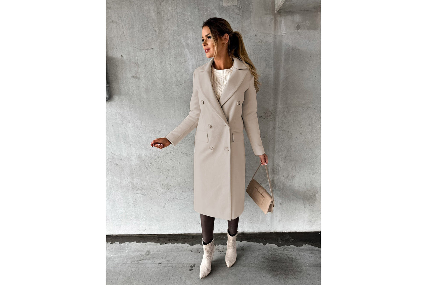 Women's Long-Sleeved Double-Breasted Slim-Fit Coat with Lapel