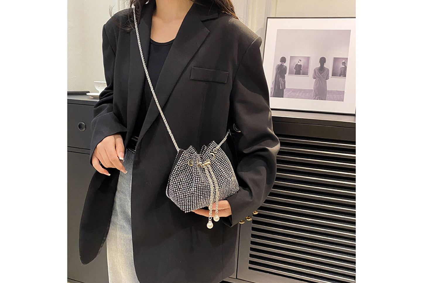 Rhinestone-Studded Drawstring Evening Bag
