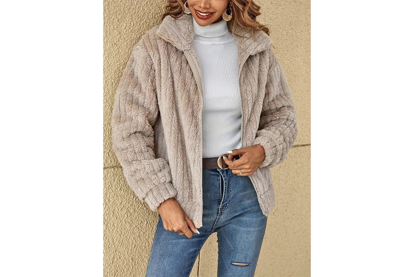 **Women's Fleece Cardigan Coat, Short Collared Warm Top**