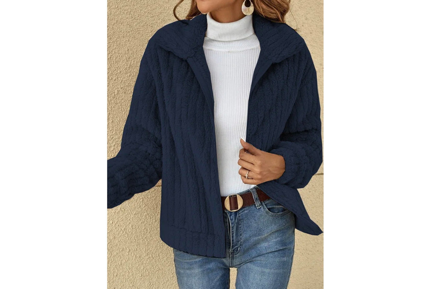 **Women's Fleece Cardigan Coat, Short Collared Warm Top**
