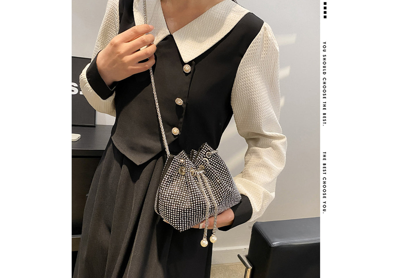Rhinestone-Studded Drawstring Evening Bag