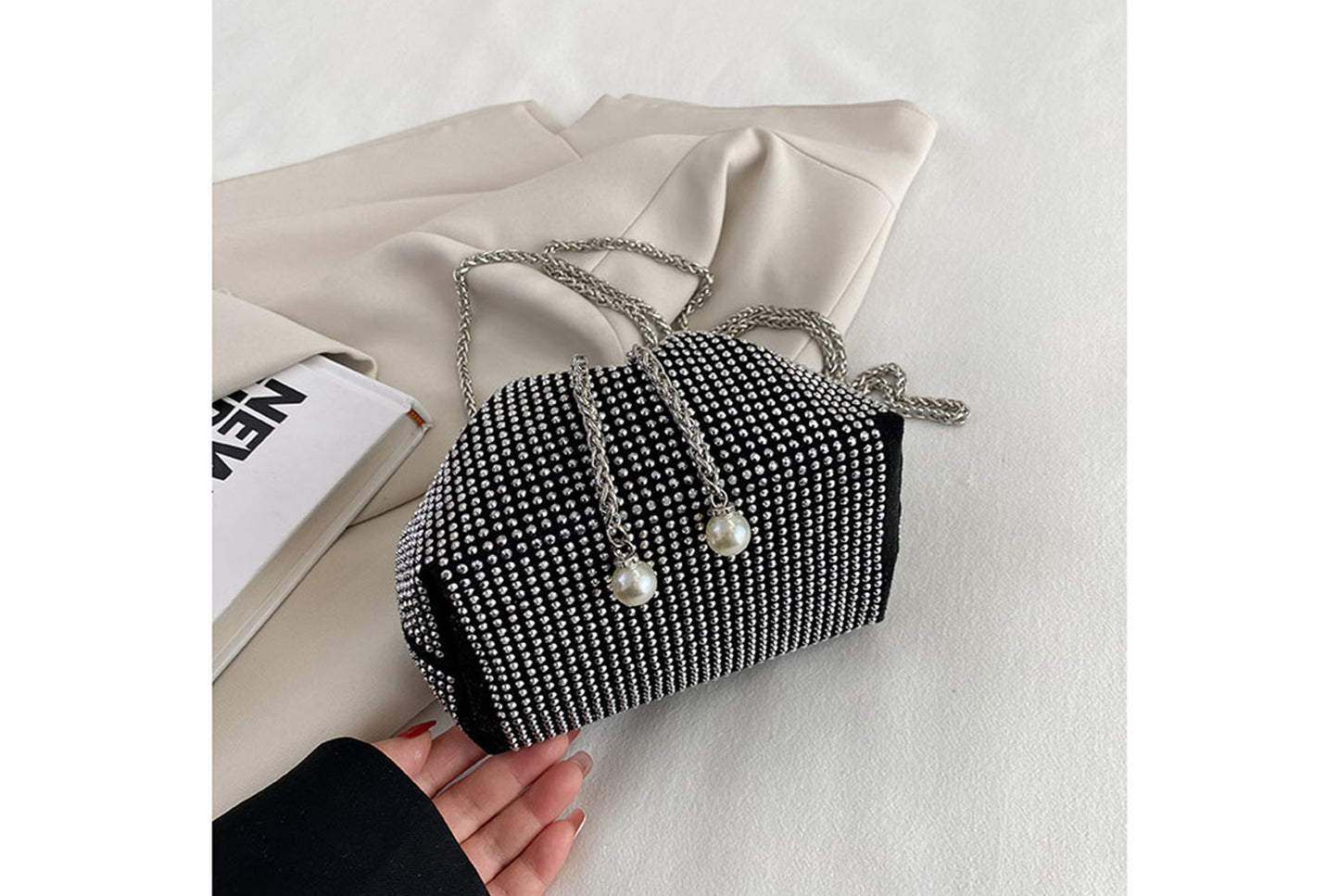 Rhinestone-Studded Drawstring Evening Bag
