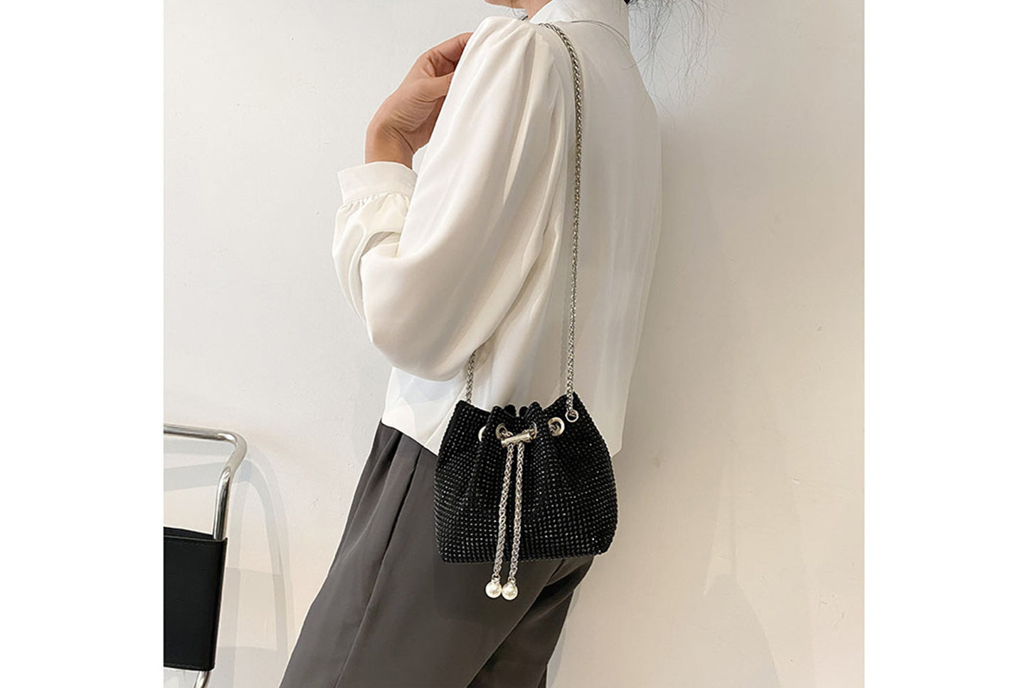 Rhinestone-Studded Drawstring Evening Bag