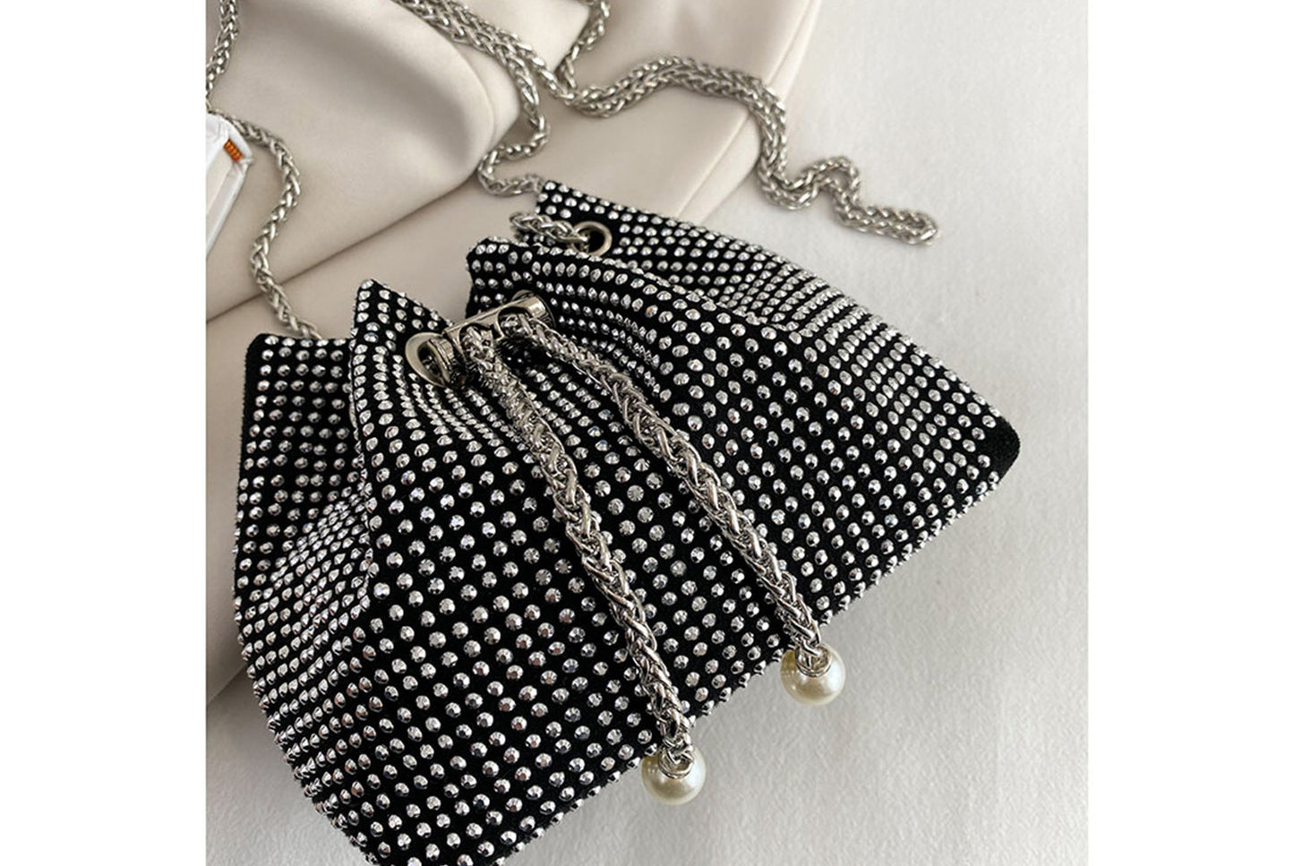 Rhinestone-Studded Drawstring Evening Bag