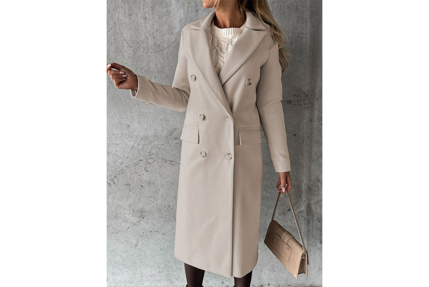 Women's Long-Sleeved Double-Breasted Slim-Fit Coat with Lapel