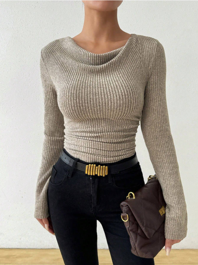 Slimming bell sleeves and swung collar knitted top