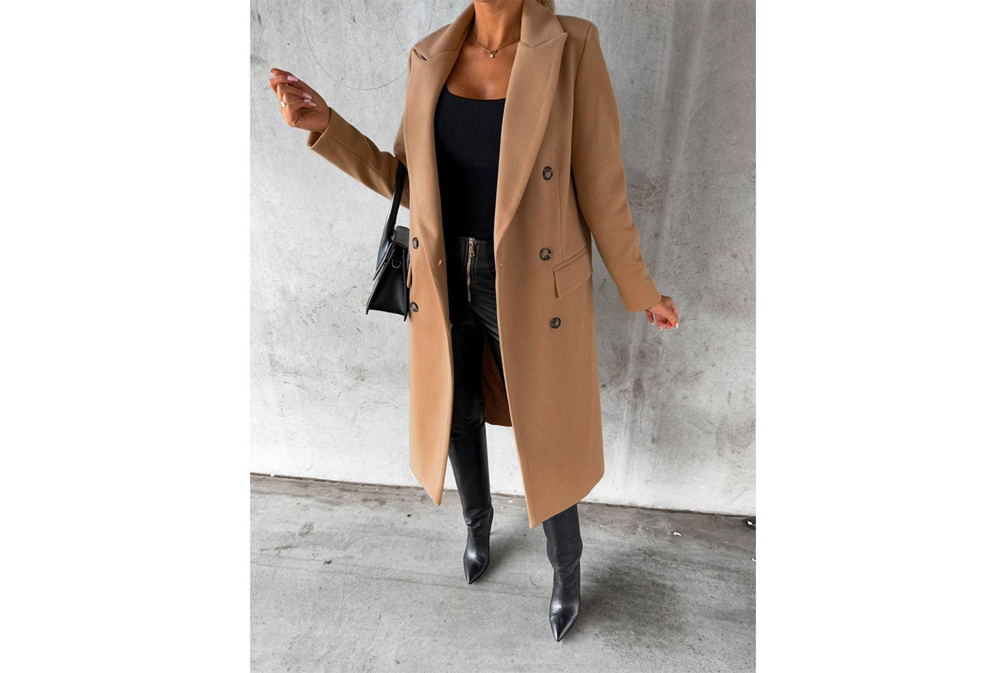 Women's Long-Sleeved Double-Breasted Slim-Fit Coat with Lapel