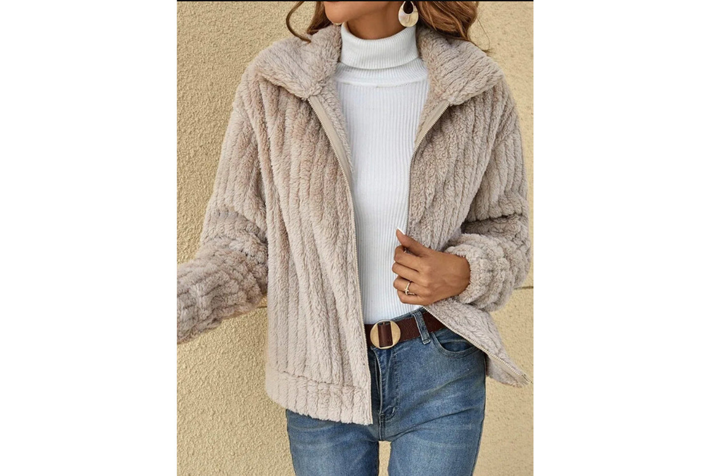 **Women's Fleece Cardigan Coat, Short Collared Warm Top**