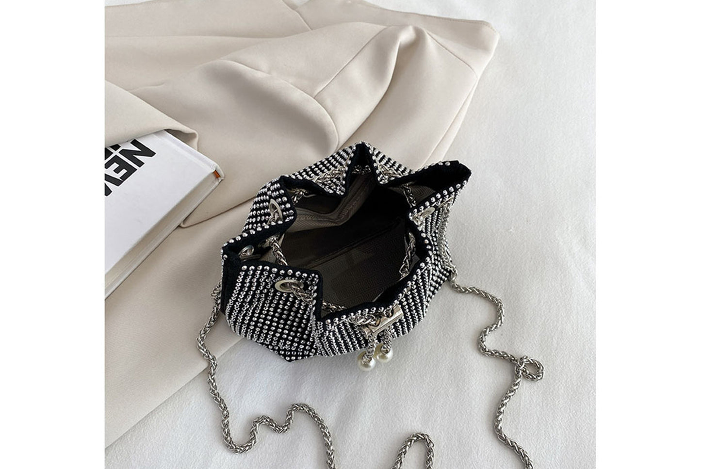 Rhinestone-Studded Drawstring Evening Bag