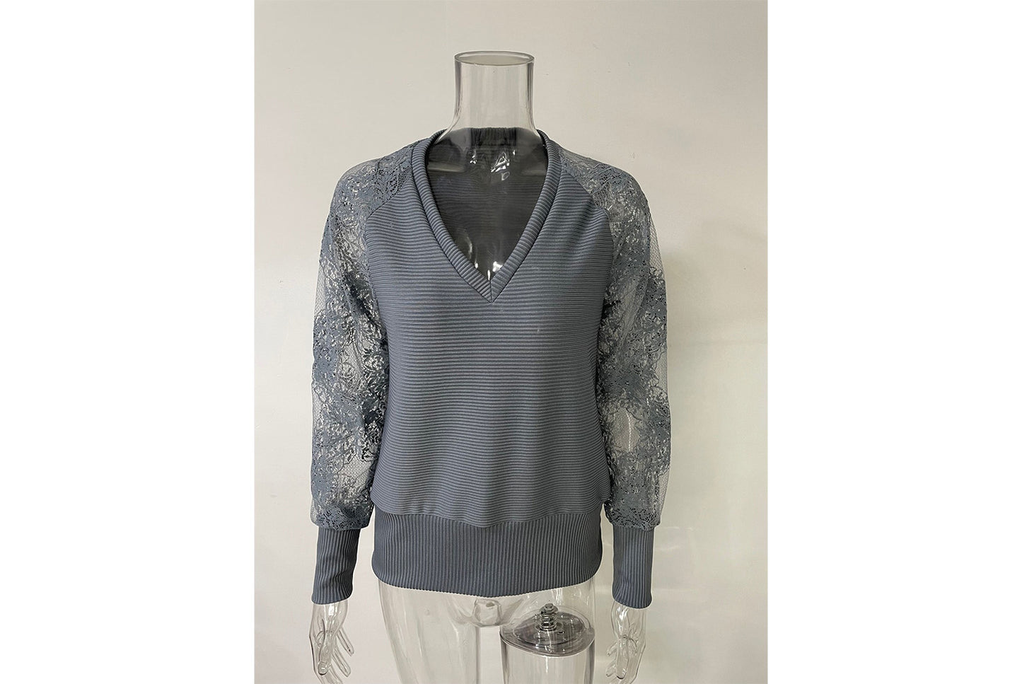**Women's V-Neck Lace Knit Top, Loose and Casual**