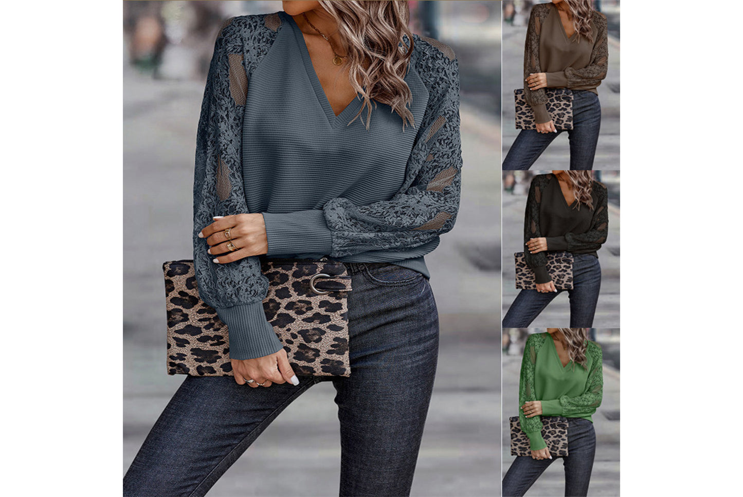 **Women's V-Neck Lace Knit Top, Loose and Casual**